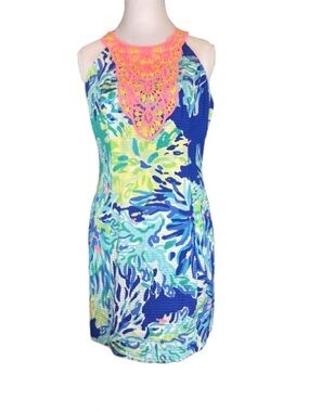 Lilly Pulitzer Pearl Shift Dress Size 2 Blue Wade Lace Neck Sleeveless NEW